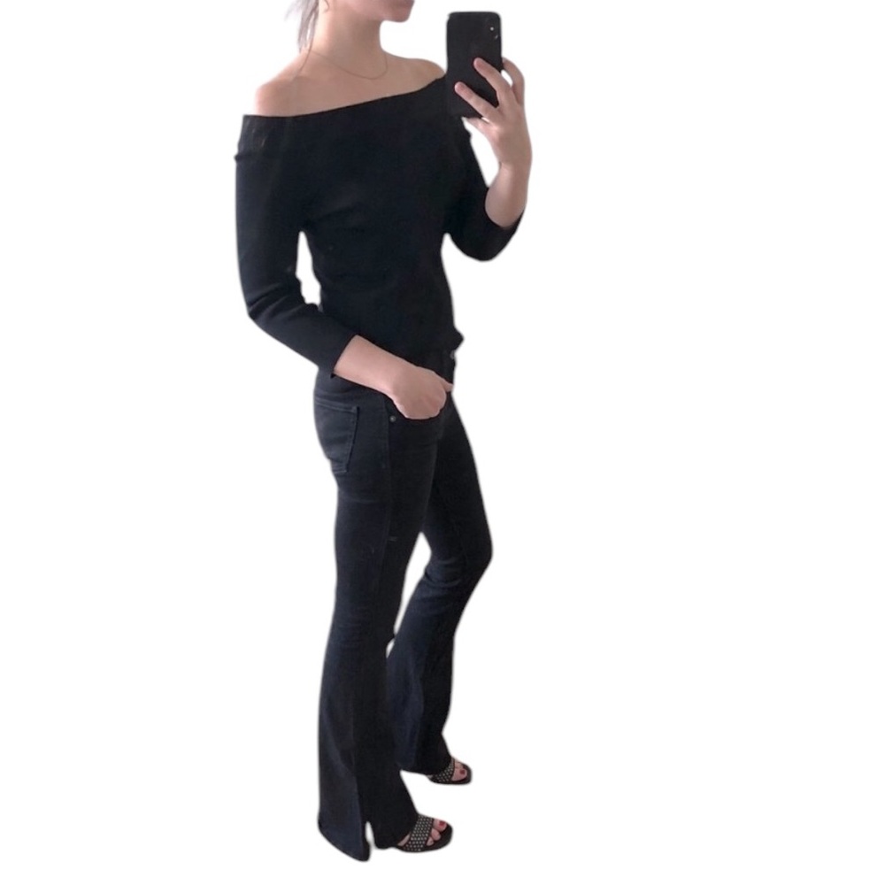 Vintage 90s Stretchy Black Off The Shoulder 3/4 Three Quarter Crop Sleeve Top - Picture 6 of 16